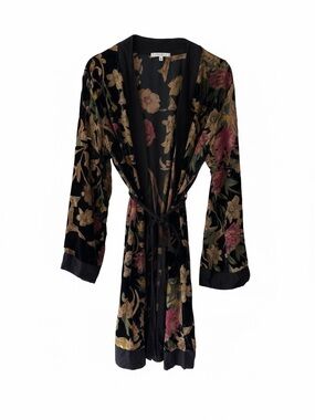 Velvet Floral Kimono Robe - Black with Pink & Gold Floral